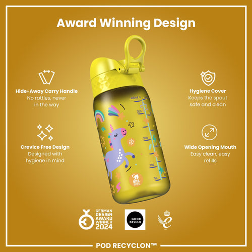 Leak Proof Kids Water Bottle, Recyclon, Yellow Unicorns, 350ml (12oz)
