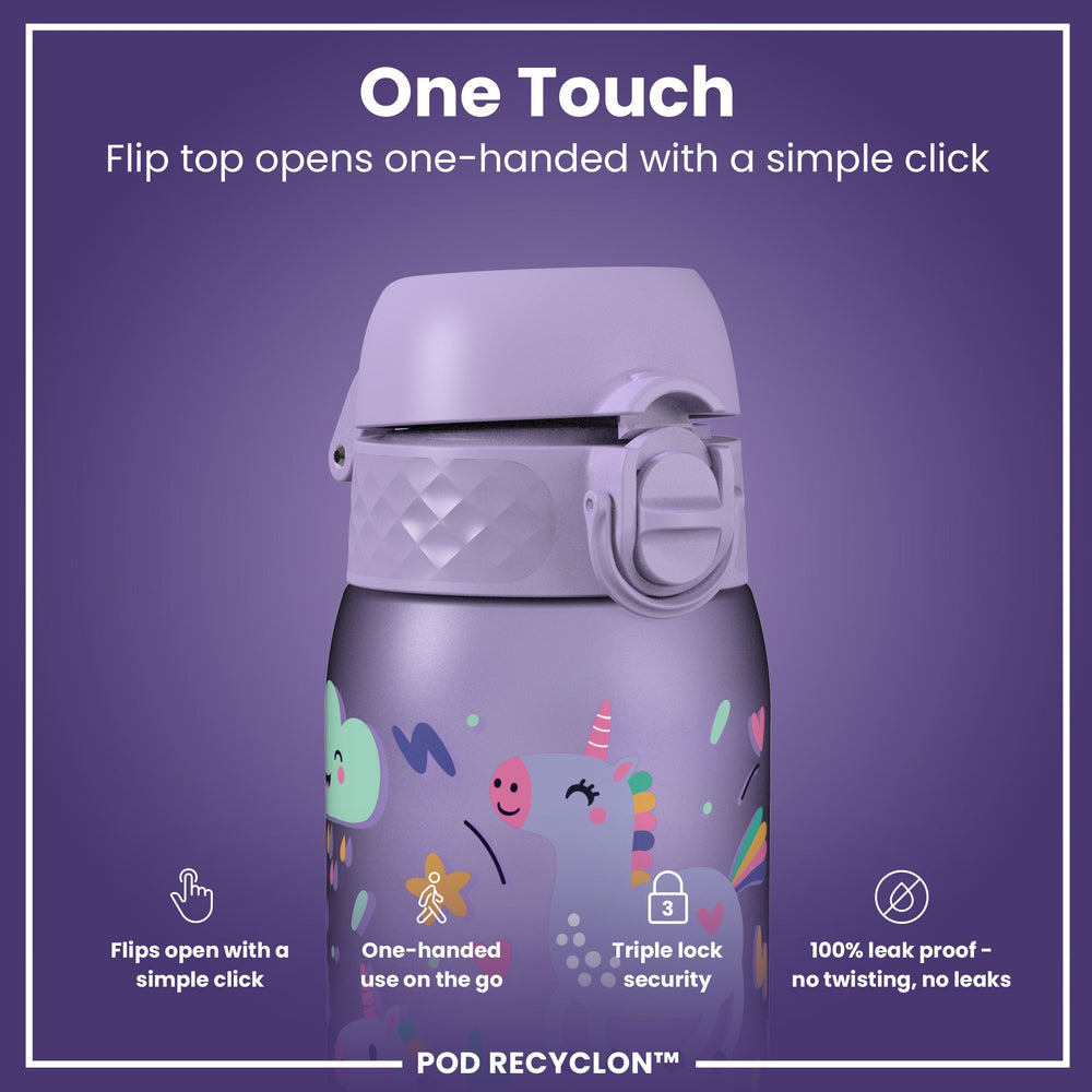 Leak Proof Kids Water Bottle, Recyclon, Purple Unicorns, 350ml (12oz)