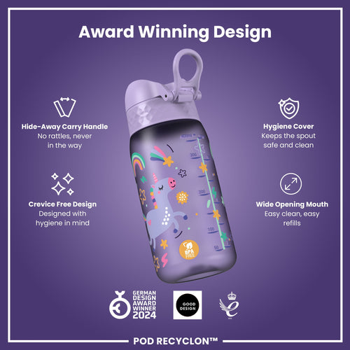 Leak Proof Kids Water Bottle, Recyclon, Purple Unicorns, 350ml (12oz)
