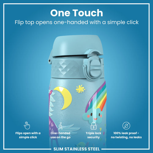Leak Proof Slim Water Bottle, Stainless Steel, Blue Unicorns, 600ml (20oz)