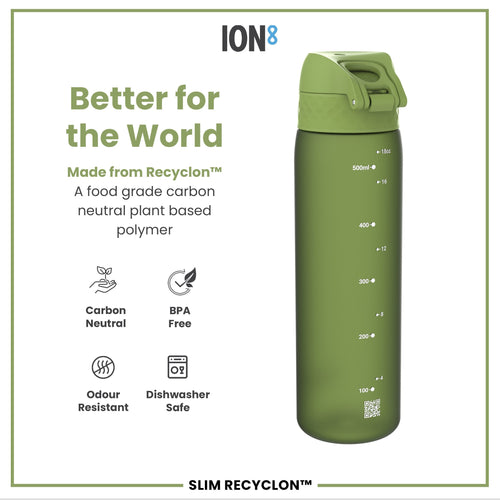 Leak Proof Slim Water Bottle, Recyclon, Khaki Green, 500ml (18oz)