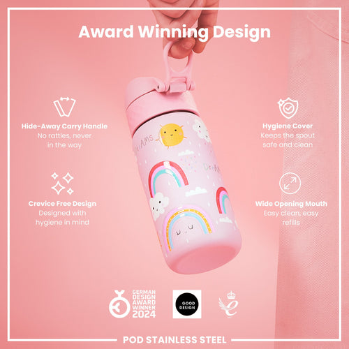 Leak Proof Kids Water Bottle, Stainless Steel, Rainbows, 400ml (13oz)