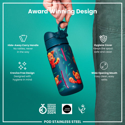 Leak Proof Kids Water Bottle, Stainless Steel, Red Pandas, 400ml (13oz)