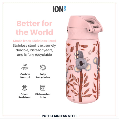 Leak Proof Kids Water Bottle, Stainless Steel, Koalas, 400ml (13oz)