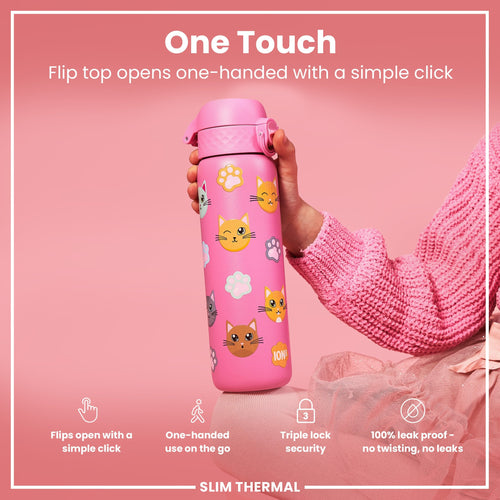 Leak Proof Slim Thermal Steel Water Bottle, Insulated, Cats, 500ml (17oz)