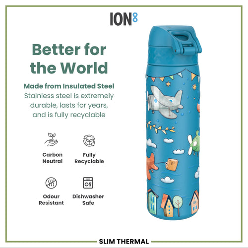 Leak Proof Slim Thermal Water Bottle, Insulated Steel, Airplanes, 500ml (17oz)