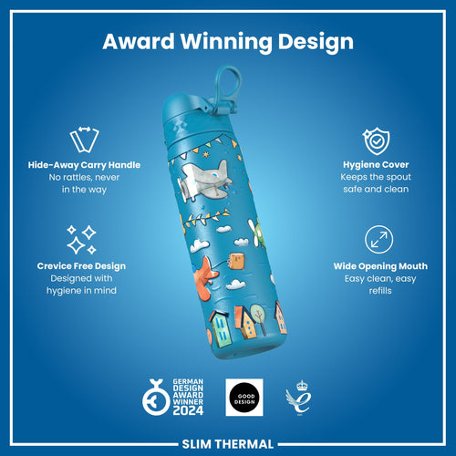Leak Proof Slim Thermal Water Bottle, Insulated Steel, Airplanes, 500ml (17oz)