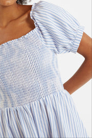 Babette Sail Stripe Shirred Bodice Midi Dress Blue
