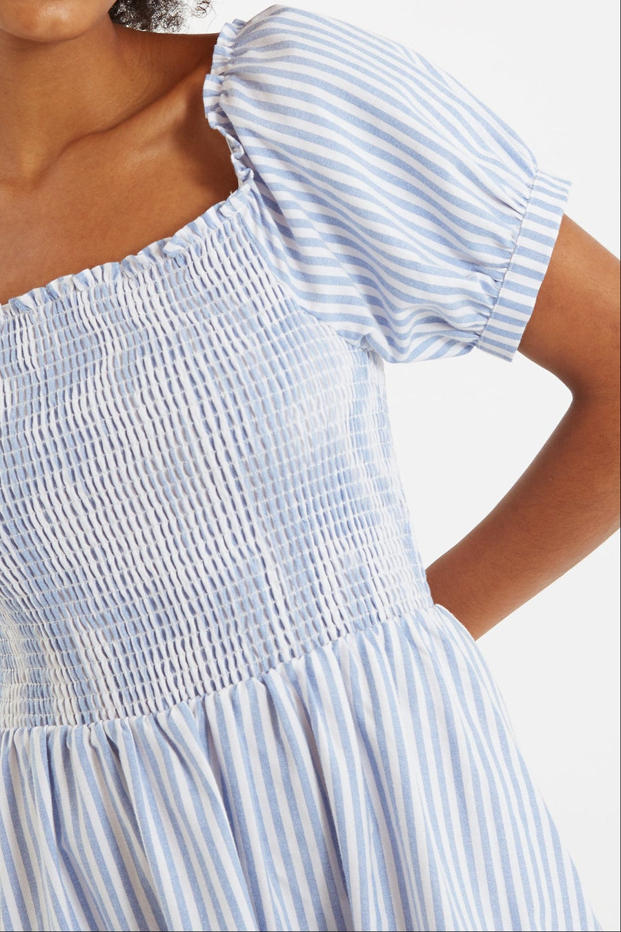 Babette Sail Stripe Shirred Bodice Midi Dress Blue