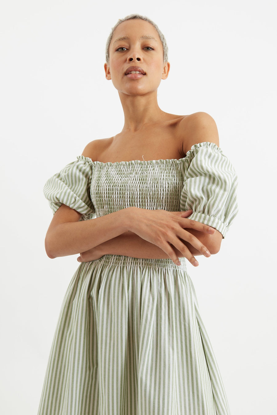 Babette Sail Stripe Shirred Bodice Midi Dress Green