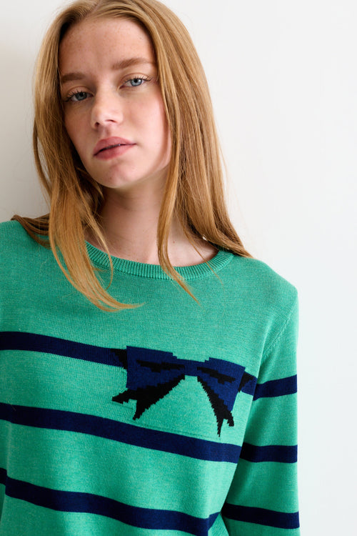 Bly Bow Intarsia Striped Jumper – Navy