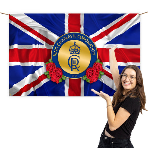 King Charles Coronation - Roses - Union Jack - 5ft x 3ft Fabric Banner