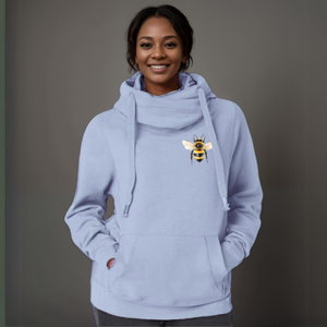 Plus-Size Cowl-Neck Cotton Hoodie with Bee Print