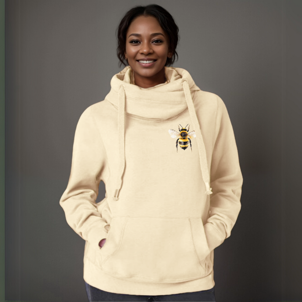 Plus-Size Cowl-Neck Cotton Hoodie with Bee Print