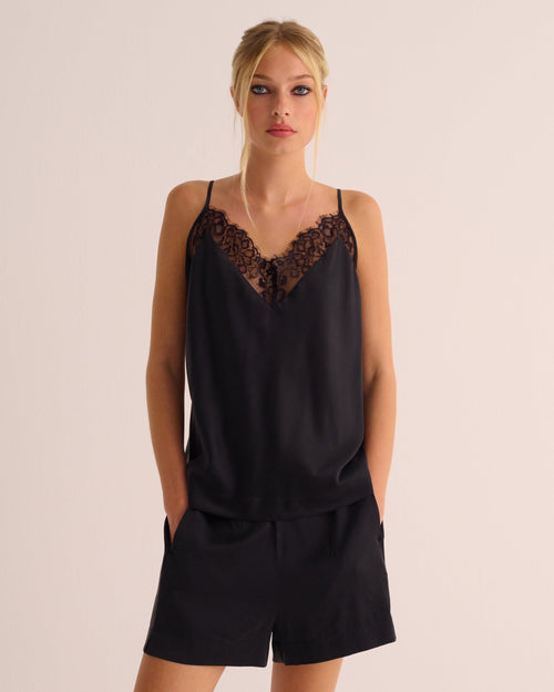 Black Washable Organic Stretch Silk & Lace Camisole