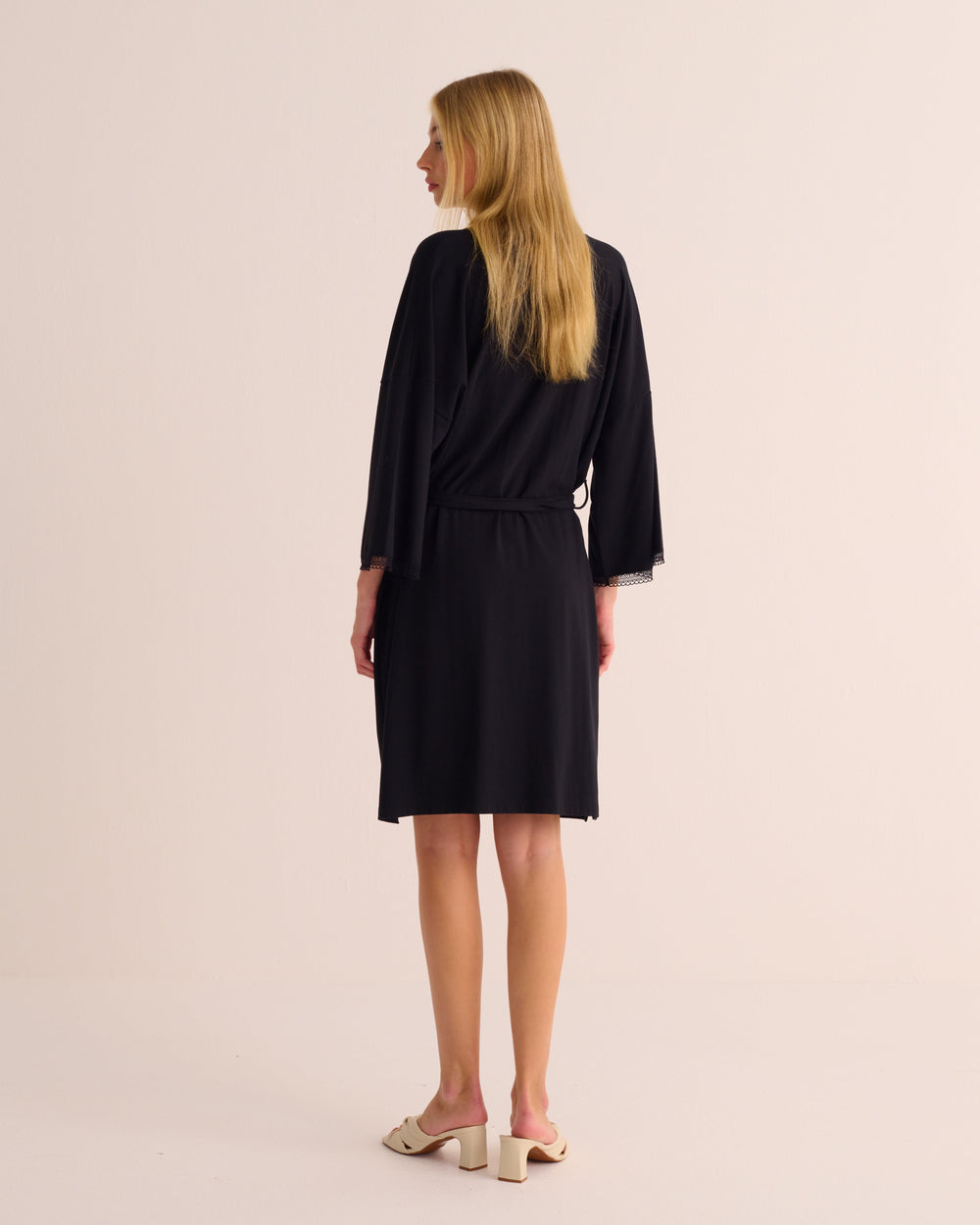 Black Modal Jersey Kimono with Lace Trim