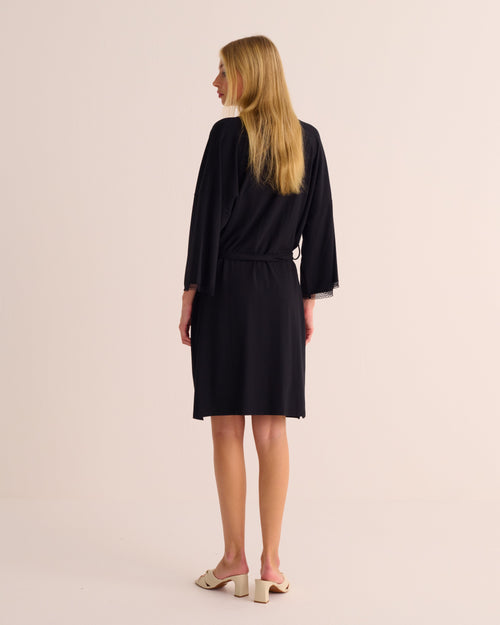 Black Modal Jersey Kimono with Lace Trim