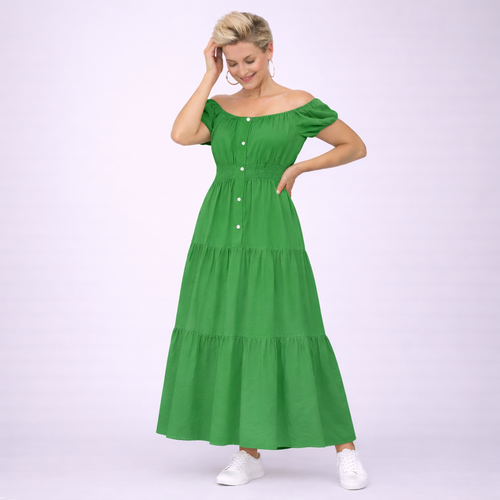Off Shoulder Elastic Waist Gypsy Style Maxi Dress