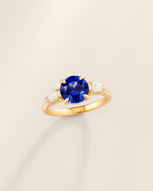 Blue Sapphire Round Cut Three Stone Engagement Ring in 18k Gold Vermeil