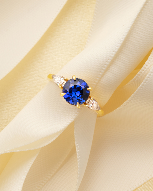 Blue Sapphire Round Cut Three Stone Engagement Ring in 18k Gold Vermeil