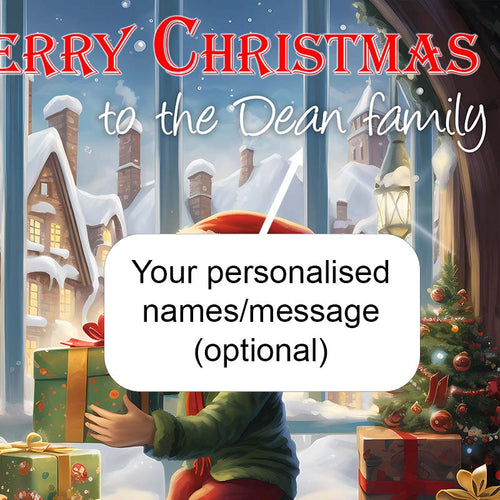 Illuminated Artwork Christmas Illustration "Boy with Presents" with Personalisation