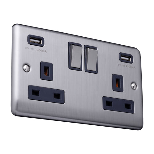 Caradok 2 Gang Double Pole switched socket with USB sockets - Brushed Steel