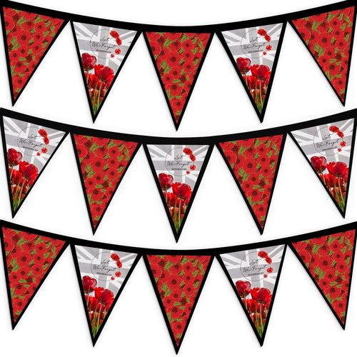 Remembrance Day - Grey Poppy Flag - 3m Fabric Bunting With 15 Individual Triangles
