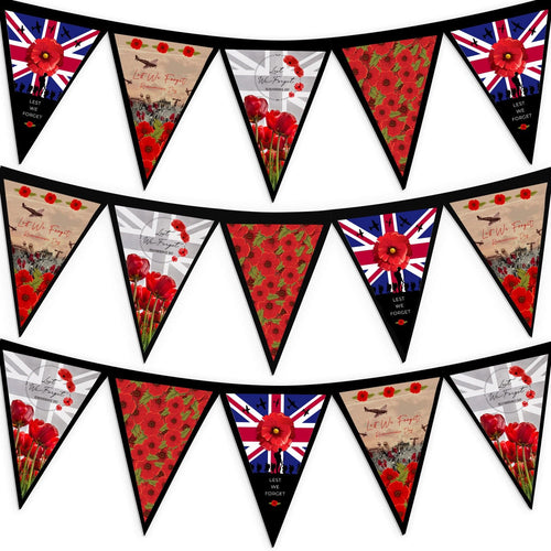 Remembrance Day 4 Repeat Mixed Pattern - 3m Fabric Bunting With 15 Individual Triangles