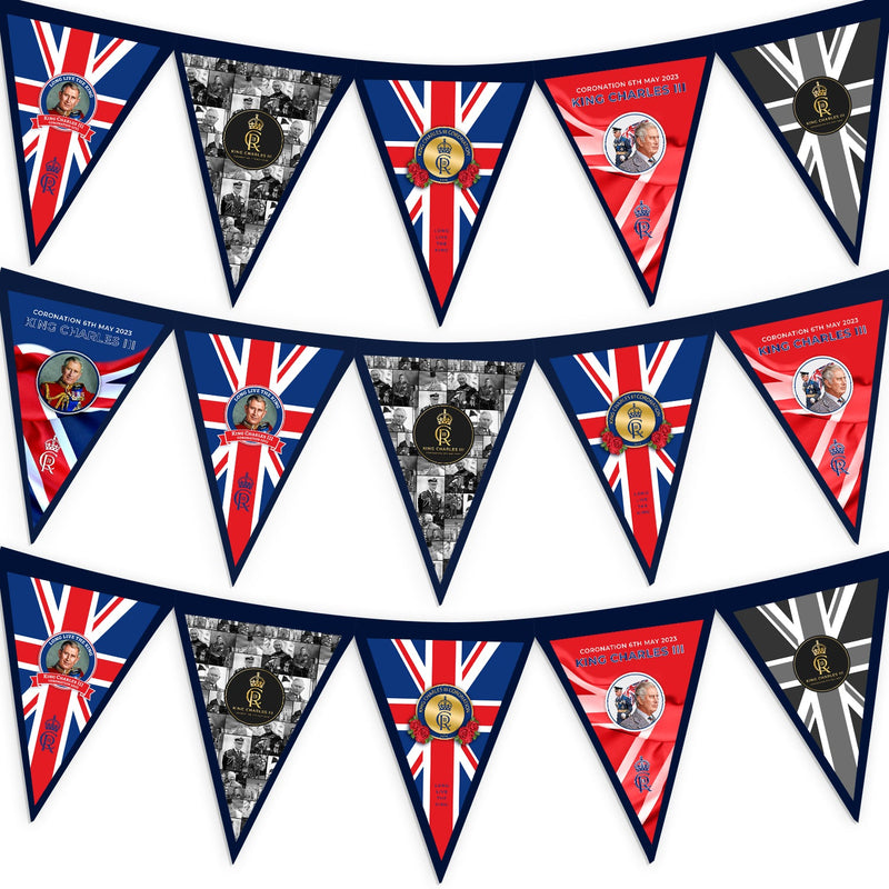 King Charles Coronation - 3m Fabric Bunting With 15 Individual Triangles