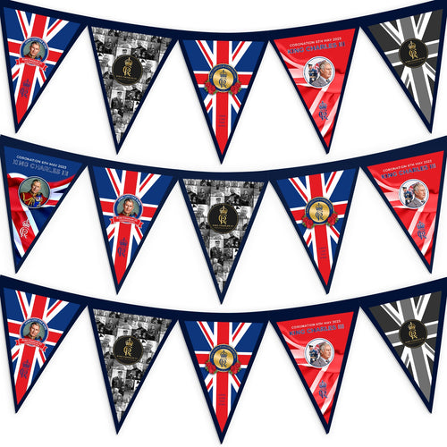 King Charles Coronation - 3m Fabric Bunting With 15 Individual Triangles