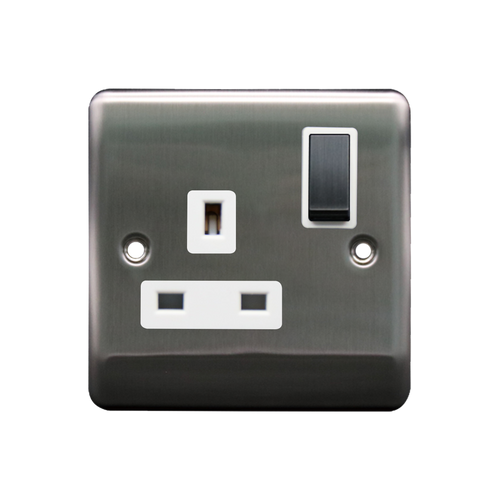 Caradok 1G 13A DP Switched Socket Brushed Chrome White Insert