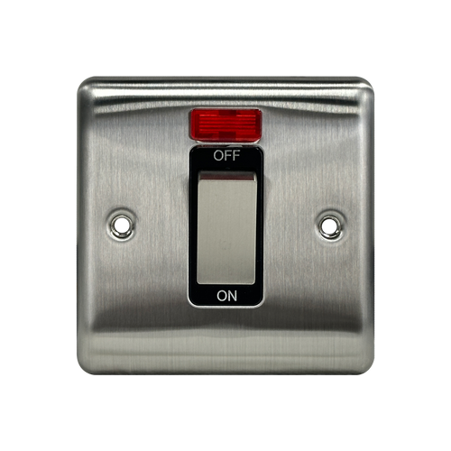Caradok 1G 45A DP Switch c/w Neon Brushed Chrome Black Insert