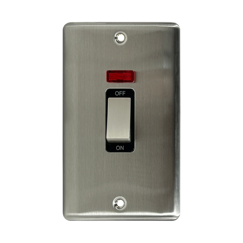 Caradok 2G 45A DP Switch c/w Neon Brushed Chrome Black Insert