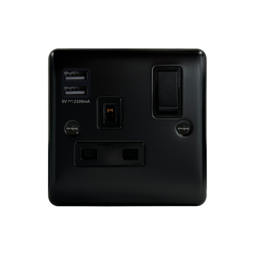 Caradok 1G 13A Switched Socket 2 USB A Matt Black