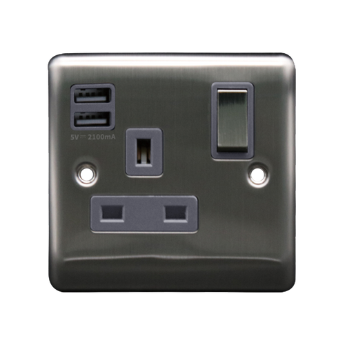 Caradok 1G 13A Switched Socket 2 USB A 2.1A Brushed Chrome Grey Insert