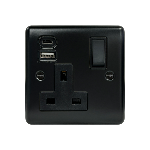 Caradok 1G 13A Switched Socket USB + TYPE C Matt Black