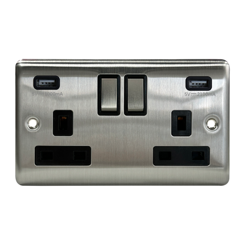 Caradok 2G 13A Switched Socket 2 USB A 3.1A Brushed Chrome Black Insert