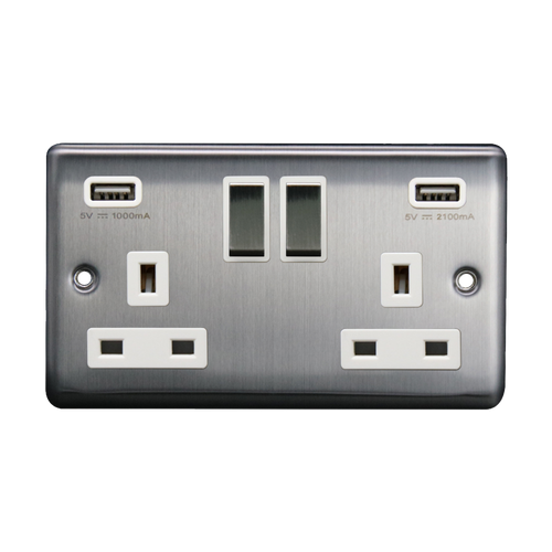 Caradok 2G 13A Switched Socket 2 USB A 3.1A Brushed Chrome White Insert