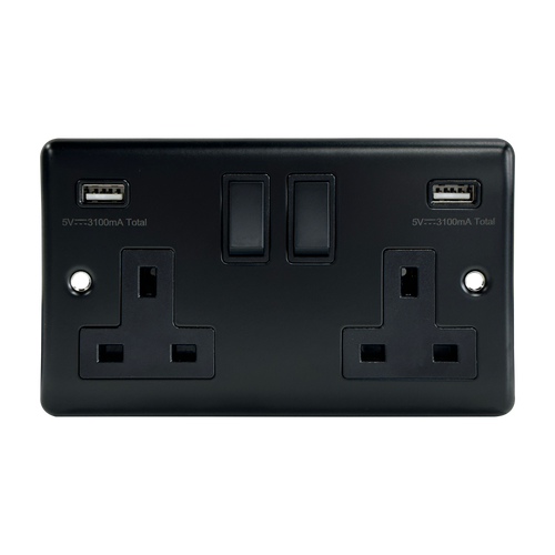 Caradok 2G 13A SP Sw Socket + 2 USB Outlets, 3.1A Total Output Matt Black
