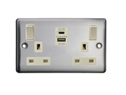 Caradok 2G 13A Switched Socket USB A + C Brushed Chrome White Insert