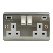 Caradok 2G 13A Switched Socket USB + TYPE C Brushed Chrome White Insert