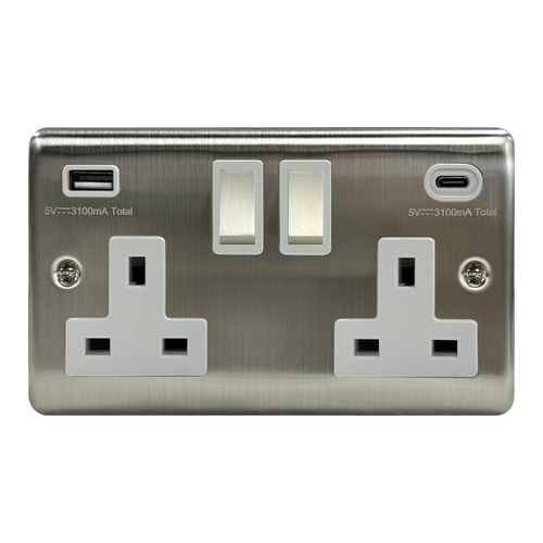 Caradok 2G 13A Switched Socket USB + TYPE C Brushed Chrome White Insert