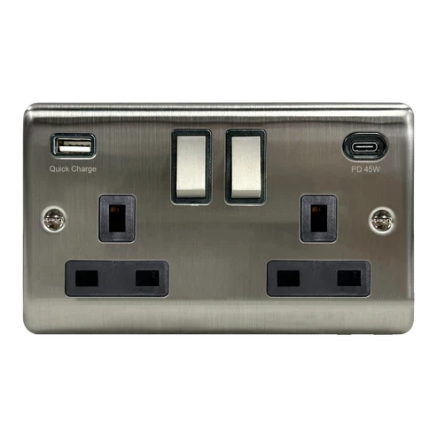 Caradok 2G 13A SP Switched Socket USB A + C 45W Quick Charge Brushed Chrome Grey Insert