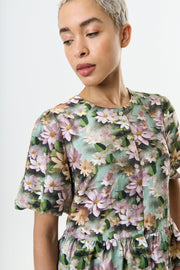 Camile 3D Daisy Print Peplum Blouse - Green