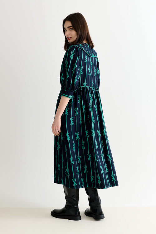 Caris Tie Up Statement Collar 3/4 Sleeve Midi Dress – Navy