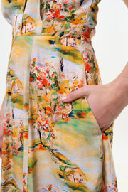 Cathleen Mini Oriental Landscape Print Tea Dress - Yellow