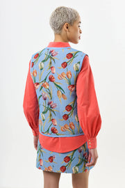 Claude Tulip Jacquard Tie Front Waistcoat - Blue