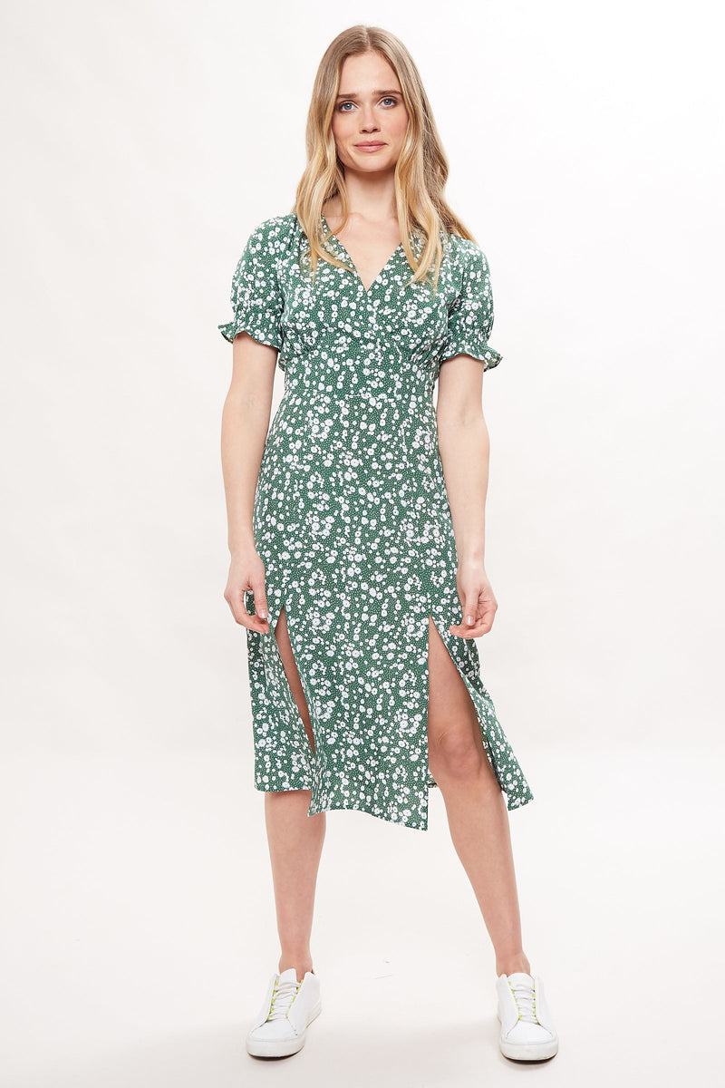 Corina Flower Dot Print Midi Tea Dress - Green
