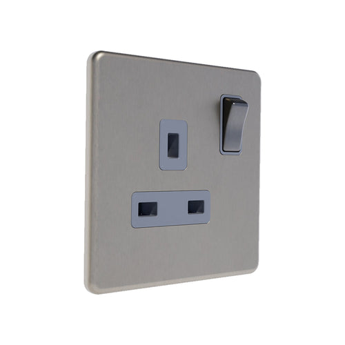 Caradok 13A 1G DP Switched Socket Brushed Chrome Grey Insert
