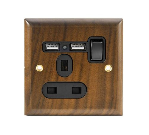 Caradok 1 Gang 2 x USB Walnut Wood Single Plug Socket